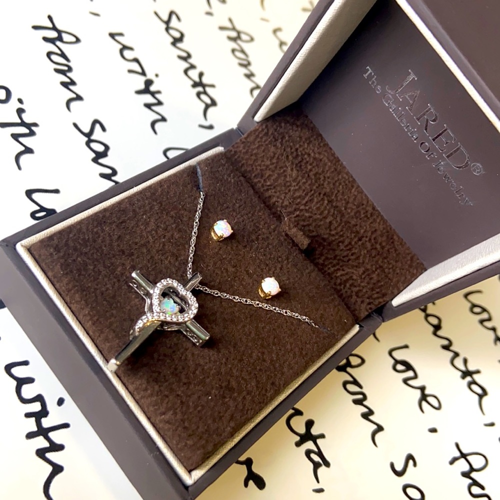 Opal Earrings & Necklace Set. Beautiful Jared Cross & Heart Necklace with Studs